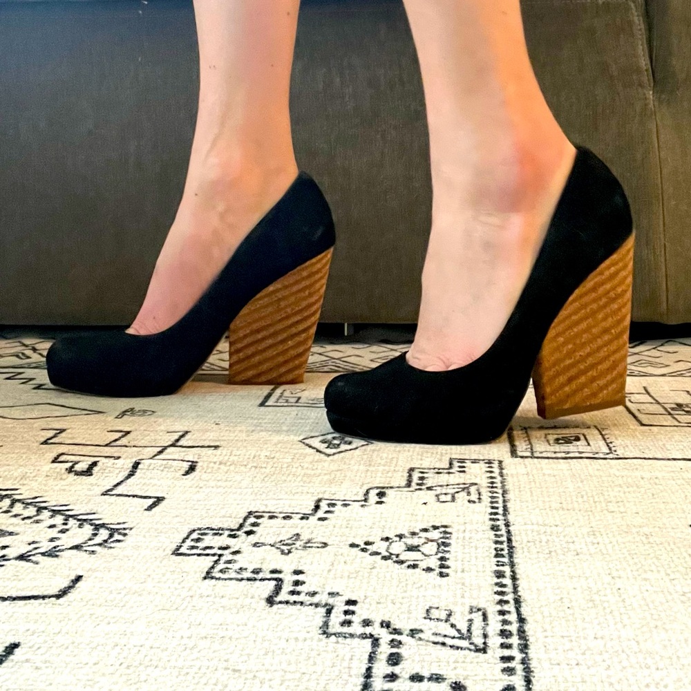 7 for all Mankind Black Suede Wedges with Wooden Heel